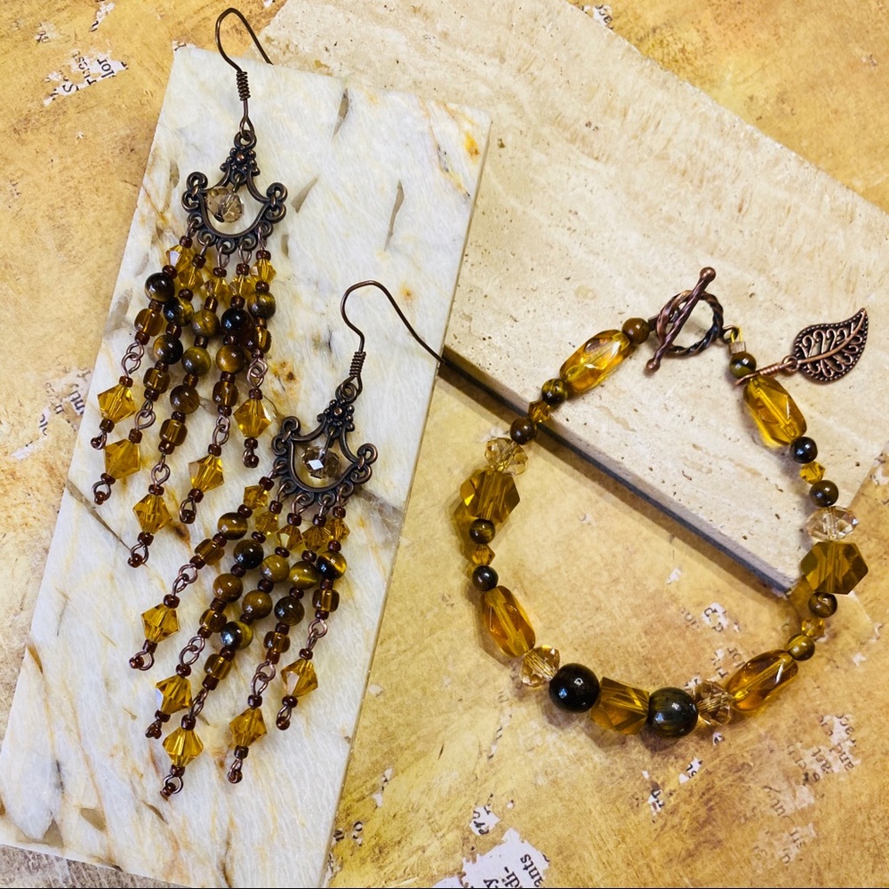 Golden warm boho fall earring and bracelet set